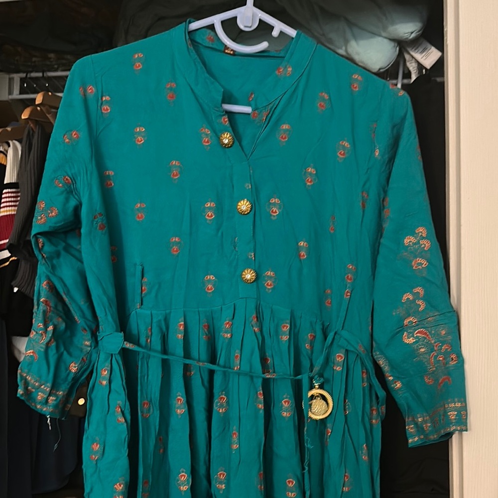 Indian cotton Teal Maxi Dress with Gold tassel belt